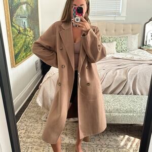 MANGO Handmade Double Breasted Wool Long Camel Coat Medium